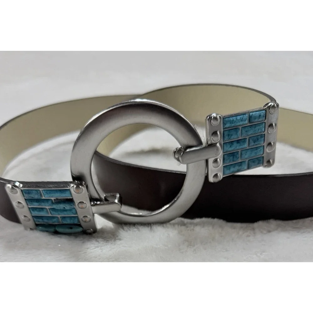 Chicos Turquoise Leather Belt Brown Silver O Ring Buckle Western Southwestern ML
